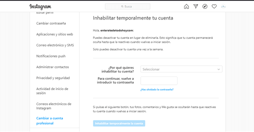 eliminar cuenta en Instagram temporalmente PASO 6