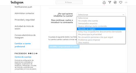 eliminar cuenta en Instagram temporalmente PASO 5